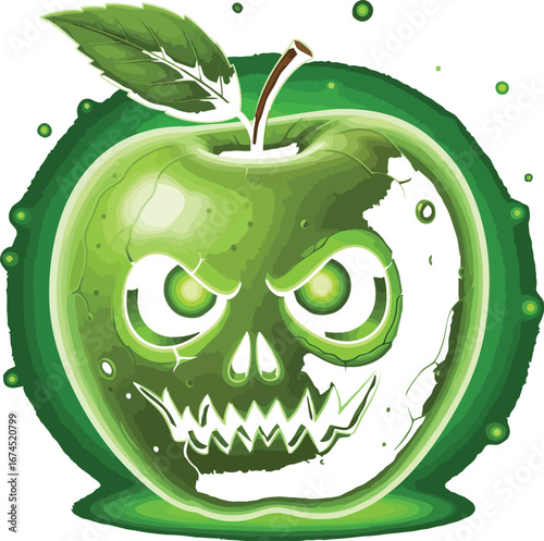 Spooky green apple with a skull face glows ominously against a black background