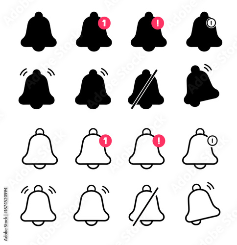 Alarm bell icon set for notification and reminder. A collection of alarm and reminder symbols in diverse designs