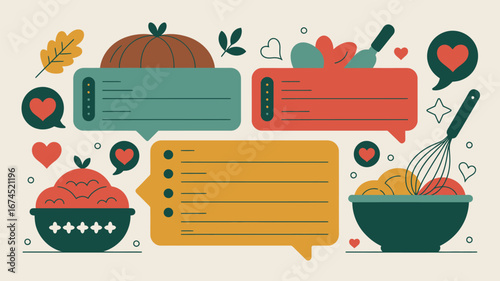 Flat illustration of cooking blog with pumpkin, hearts, whisk and bowls with text bubbles around