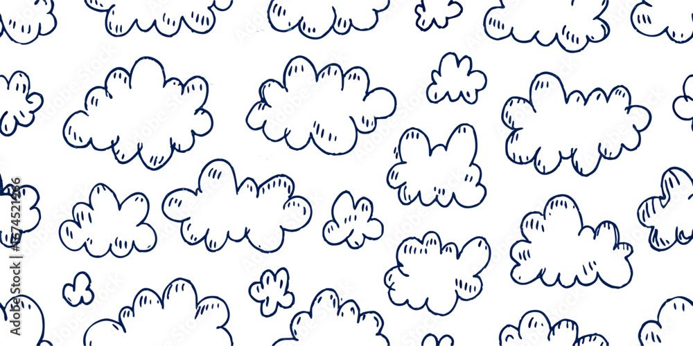 Fototapeta premium Hand-drawn Cloud Seamless Pattern, Blue Outline, White Background