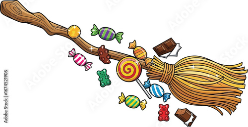 Witch's broom carrying assorted halloween candy including chocolate and lollipops
