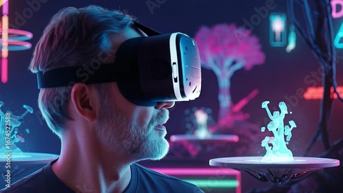 A man wearing VR goggles experiences a vibrant virtual environment filled with futuristic, glowing flora.