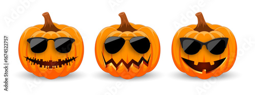Set of carved pumpkins for Halloween in sunglasses. Pumpkins in fashionable dark glasses. The main symbol of the holiday Happy Halloween. Vector illustration.
