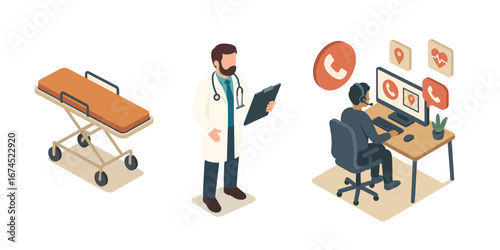 Doctor with tablet and dispatcher taking calls