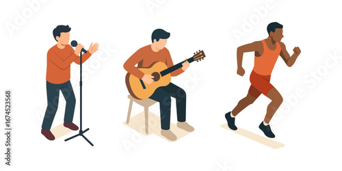 Singer guitarist and runner. Isometric vector illustration