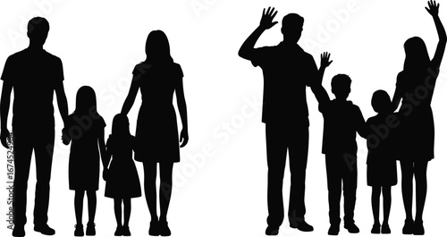 Silhouette of happy family standing together, father mother children, parenting bond, family love, unity, isolated on white, vector illustration
