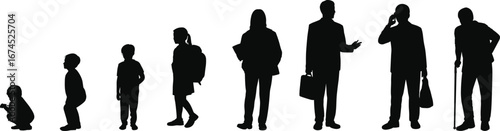 Silhouette of human life stages from childhood to old age, growth progression, aging process, diverse ages, black vector illustration