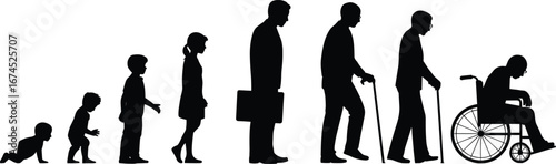 Silhouette of human life stages from baby crawling, child, teenager, adult worker, elderly with cane, to wheelchair user aging process