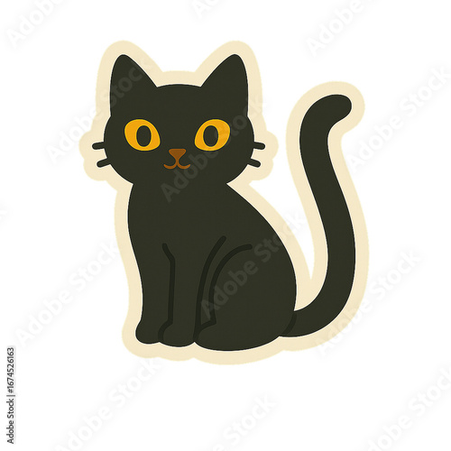 Stylized black cat with orange eyes. PNG image with transparent background, perfect for Halloween or witch-themed designs.