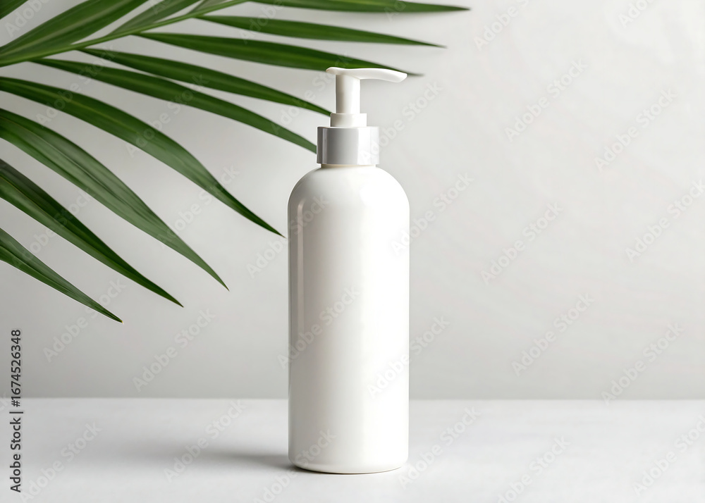 White pump bottle with green palm leaf accent White pump bottle with green palm leaf accent