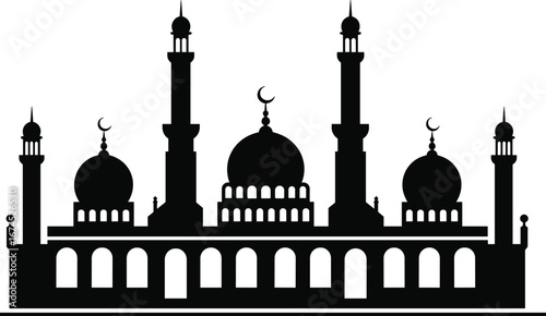Silhouette of mosque with domes and minarets, Islamic architecture vector, black mosque clipart, religious building illustration, Arabic style art