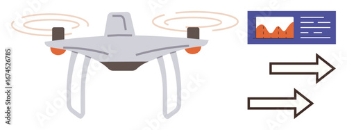 Flying drone with spinning propellers, analytics chart, and arrows indicating direction. Ideal for technology, automation, analytics, innovation, data processing logistics mapping. Simple flat