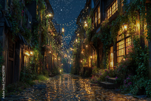 Charming illuminated street lined with lush greenery at night  