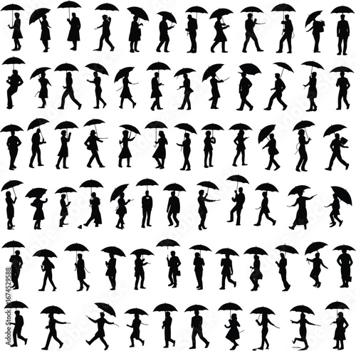 Silhouettes of people walking with umbrellas in various poses, black vector illustration, isolated on white background, rainy day concept