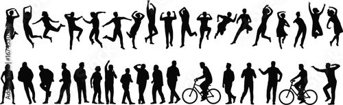 Silhouettes of people walking, jumping, dancing, biking, standing, perfect for design, animation, motion graphics, and urban lifestyle concepts
