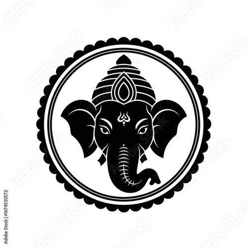 Stylized black and white Ganesha head icon with a crown and Tilak symbol, enclosed in a decorative circular frame.