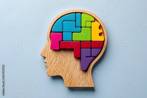 puzzle piece brain on wood background