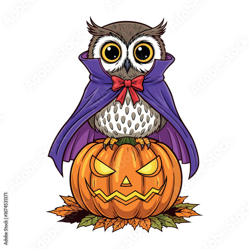 Adorable Cartoon Owl in a Dracula Cape and Bowtie on a Jack-o'-Lantern - Isolated Vector Illustration