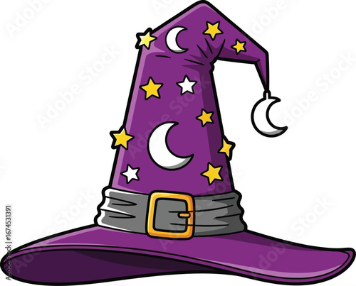 Purple wizard hat with stars and moons for halloween costume or party decoration