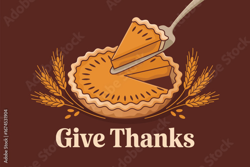 A pumpkin pie with a slice being removed with a server on a brown background with wheat stalks art