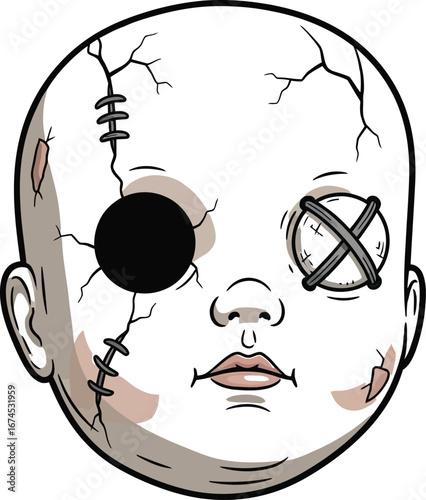 Creepy doll head with cracks and stitches one eye covered with a dark circle