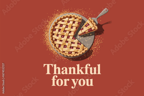 A cherry pie with lattice crust and a slice being removed on a plate on a red brown background