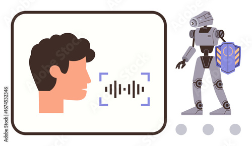 Face silhouette near soundwave indicates voice recognition, engaging robot with shield, symbolizing AI, automation, and data security. Ideal for AI innovation, voice tech, robotics, communication