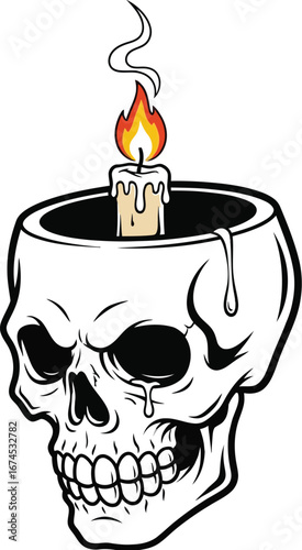 Skull candle holder with a burning candle on a white background illustration