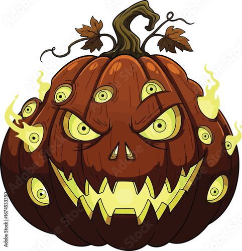 Eerie halloween pumpkin with glowing eyes and sharp teeth on a white backdrop