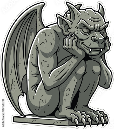Stone gargoyle with wings sits pensively on a pedestal with a white background