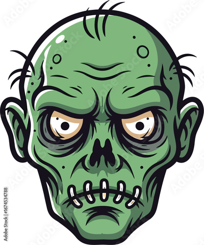 Cartoon illustration of a green zombie head with stitches on a white background
