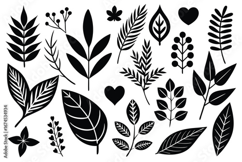 Creative black leaf silhouettes perfect for botanical illustrations or design projects.