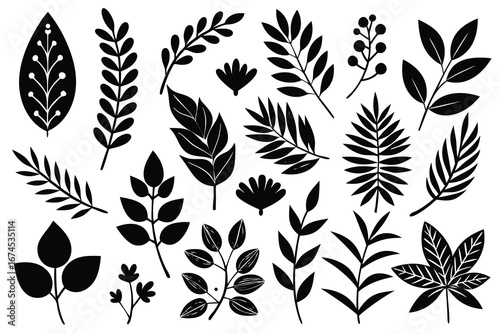 Creative black leaf silhouettes perfect for botanical illustrations or design projects.