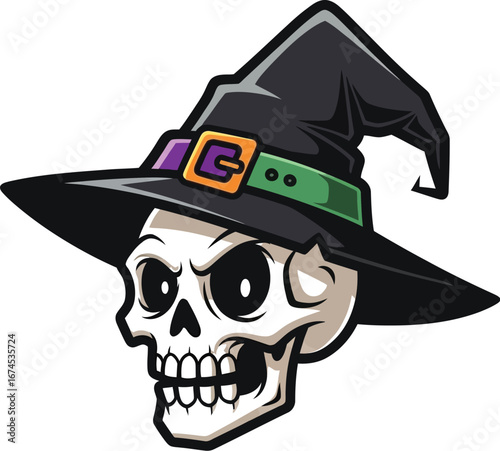 Spooky skeleton wearing a witch hat for halloween themed designs and illustrations