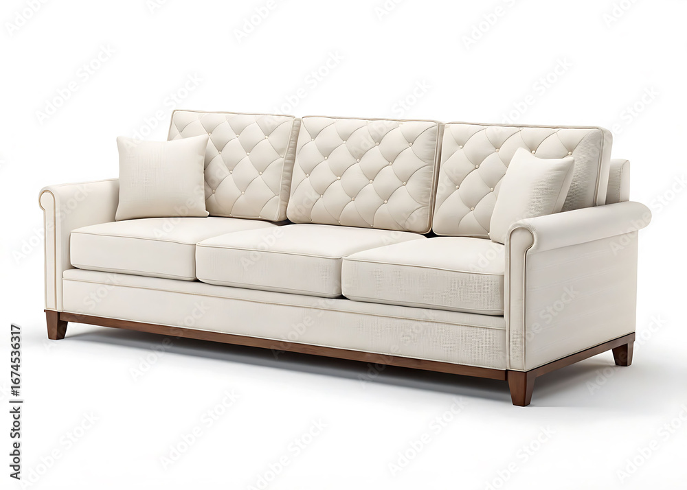 Fototapeta premium Elegant tufted cream sofa with decorative wood trim