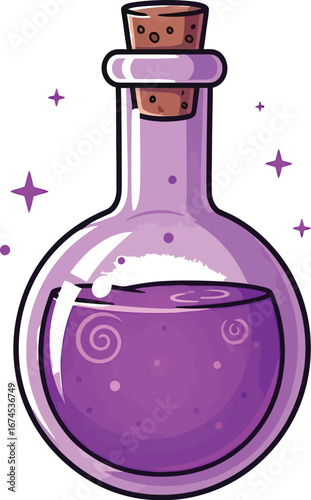Cartoon potion bottle filled with a glowing purple liquid and cork stopper sits still