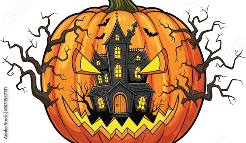 Spooky halloween pumpkin carving with haunted house and bats for festive design