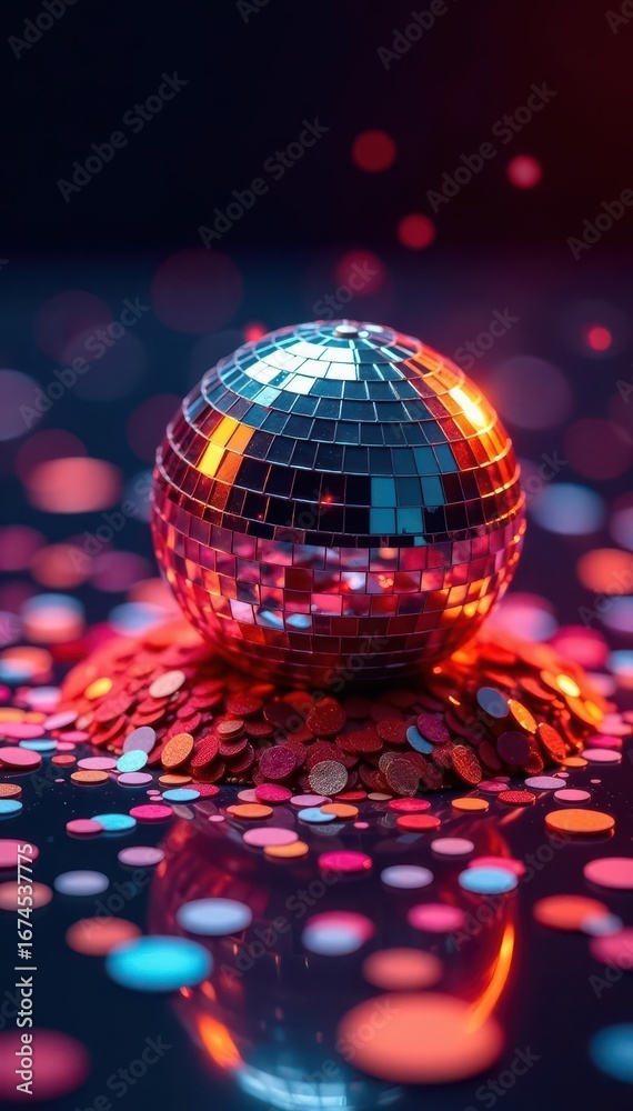 Fototapeta premium Confetti mound surrounding a glittering disco ball on a table, disco ball, sparkly decoration, festive decor
