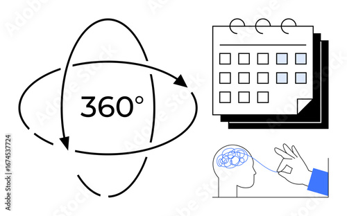 360-degree arrows encircling text, a spiral-bound calendar, and a hand touching a brain symbolize completeness, planning, insights, critical thinking, decision-making, teamwork, simple flat metaphor