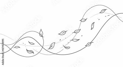 A beautiful depiction of gentle breezes carrying fallen leaves across a landscape with flowing lines and delicate details creating a sense of natural movement and serene autumn atmosphere