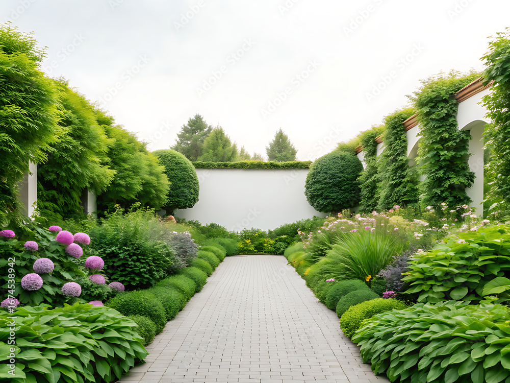 Naklejka premium Beautifully manicured garden path with lush greenery and flowering plants