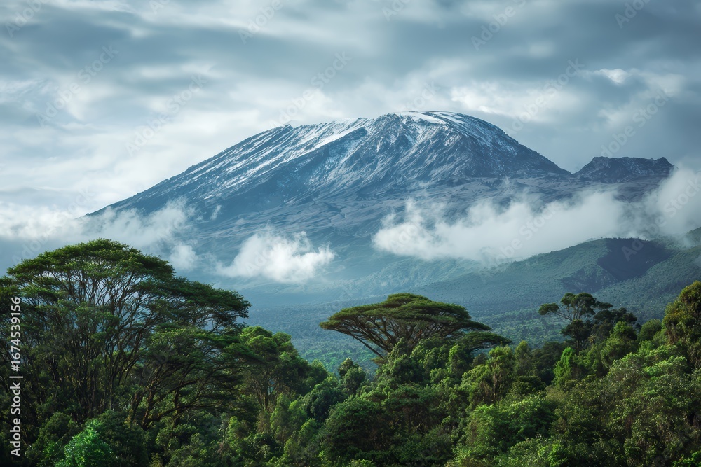 Fototapeta premium Majestic Kilimanjaro Summit Emerging from Foggy Skies with Verdant Slopes, Panoramic View of African Landmark