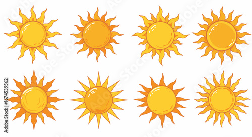 A Collection of Eight Vibrant Stylized Yellow Suns Each Featuring Jagged Rays Emitting Warmth and Light Symbolizing Brightness Energy and Summer Days