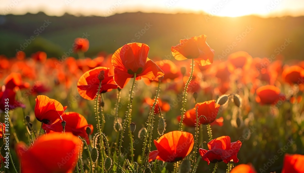 Fototapeta premium Lush poppy field at sunset