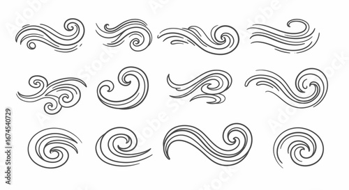 Collection of Decorative Swirls and Wavy Lines Representing Wind or Flowing Movement in a Hand Drawn Sketch Style