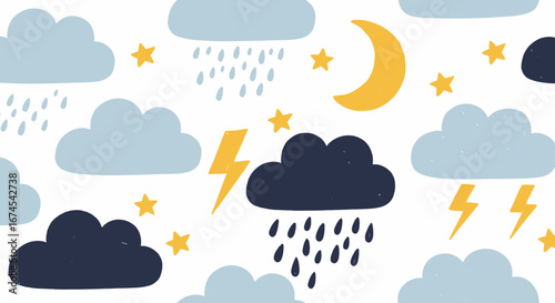Charming Scandinavian Style Seamless Pattern Featuring Whimsical Clouds Stars Moon and Gentle Rain Showers Perfect for Nursery Decor and Childrens Bedding