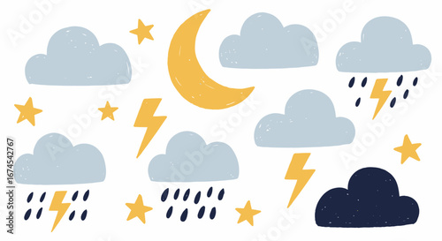 Whimsical Night Sky Clouds Stars Lightning Moon Rainfall Weather Pattern Illustration