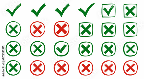 A Collection of Hand Drawn Checkmarks and Crosses Indicating Correct and Incorrect Choices and Options in Various Shapes and Styles for Visual Communication and Decision Making Processes