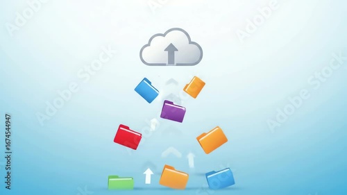 Cloud storage and data transfer concept with colorful folders uploading.