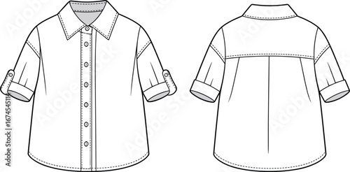 Short sleeve button shirt, rolled cuff blouse, front and back view, fashion flat sketch, technical drawing, women's casual shirt design
